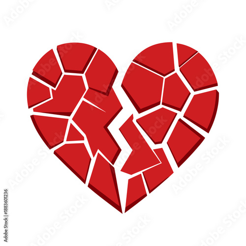 A red heart shattered into multiple geometric pieces, symbolizing heartbreak, sorrow, or a broken relationship.