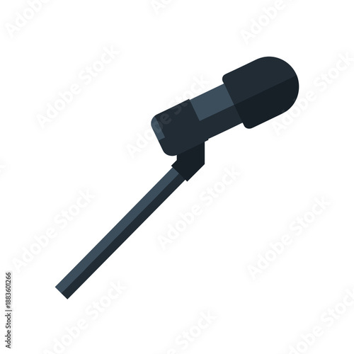 A professional black boom microphone with a wind screen is angled upwards, typically used for recording clear audio in film and television production.