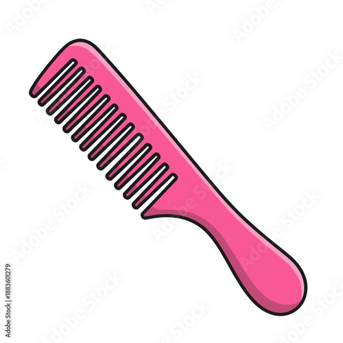 A brightly colored pink plastic comb with evenly spaced teeth is presented, a common personal grooming tool for hair styling and care.