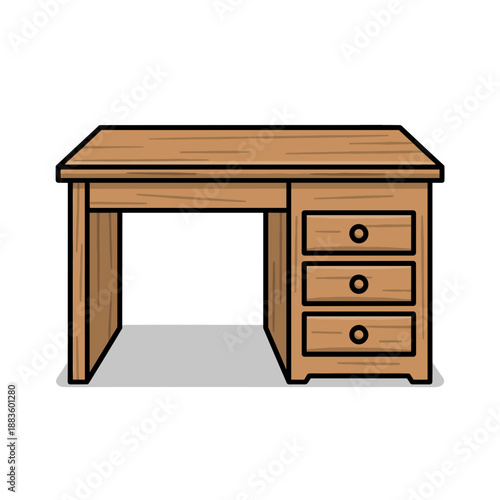 A sturdy wooden desk with a spacious tabletop and a set of three drawers is depicted, perfect for a home office or study area.