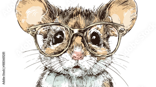 Cute Mouse Wearing Glasses Cartoon Vector with Outline Isolated