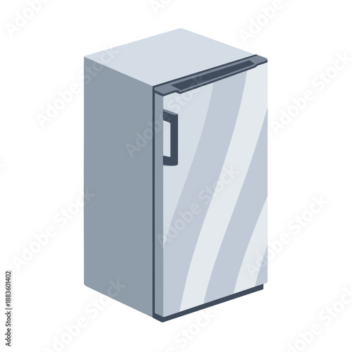 A modern, sleek silver refrigerator with a dark handle is depicted in an isometric view, representing essential kitchen appliances.