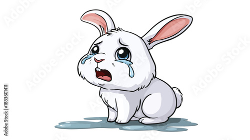 Adorable Cartoon Rabbit Crying on White Background Vector Illustration