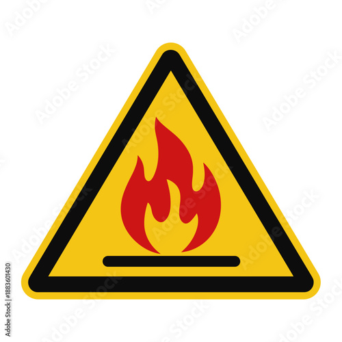 A clear yellow triangular warning sign with a black border prominently displays a red flame icon, indicating serious flammability.