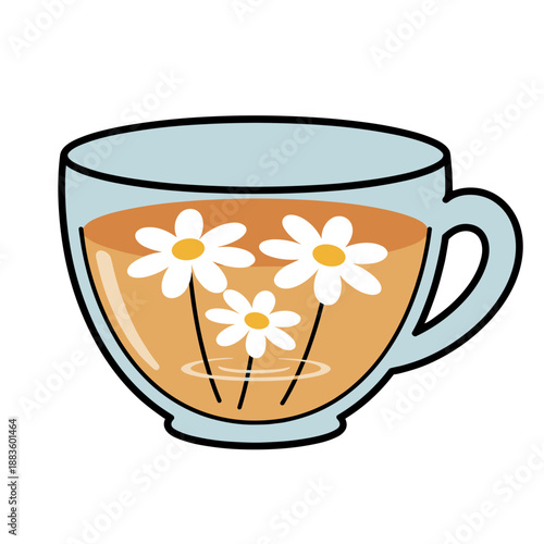 A comforting and artistic illustration of a clear cup filled with warm chamomile tea and delicate floating daisies, promoting relaxation and wellness.