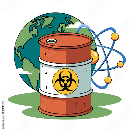 A potent and symbolic illustration depicting a biohazard barrel in front of a globe and an atom, representing environmental danger, scientific risk, and global health concerns.