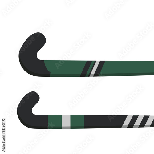 Two distinct field hockey sticks with green, white, and black accents, depicted horizontally on a white background.