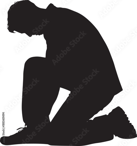 Silhouette of kneeling man in contemplative pose with dark profile on white background for mental health awareness