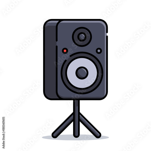 A sleek black studio monitor speaker positioned firmly on a sturdy black tripod stand, designed for professional audio production.