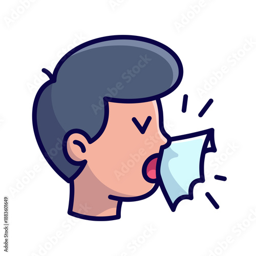 A cartoon person with blue hair is captured mid-sneeze, using a tissue to cover their mouth.