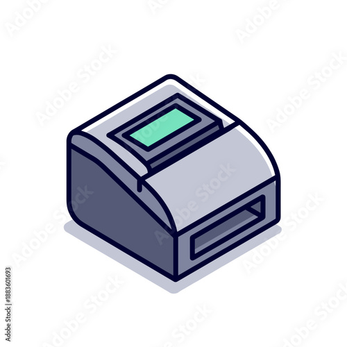An isometric vector icon of a point-of-sale thermal receipt printer for retail business transactions.