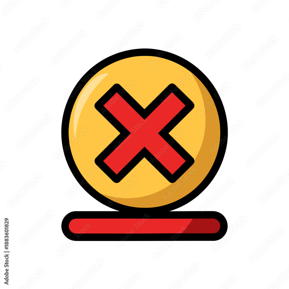 Obraz premium A bold red cross mark is enclosed within a vibrant yellow circle, signifying an error, cancellation, or incorrect status.
