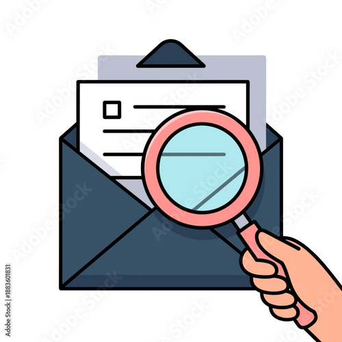 A hand holding a magnifying glass is examining a document inside an open envelope, symbolizing thorough inspection and review of mail.
