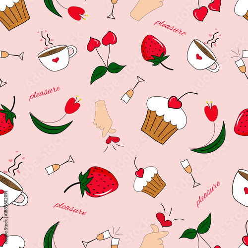Cute seamless Valentine pattern with bunny, bird, butterfly, strawberry, hearts and romantic symbols. Playful hand drawn illustration for gift wrap, textile, greeting card and love design.