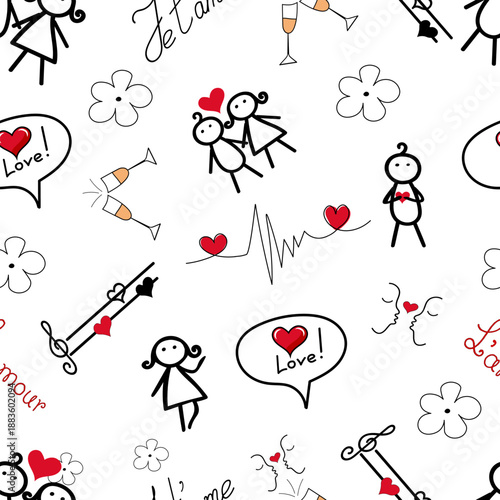 Seamless hand drawn valentine pattern with cute doodle couples, hearts, love phrases and romantic symbols. Perfect for wrapping paper, textile, background, wallpaper and gift design.