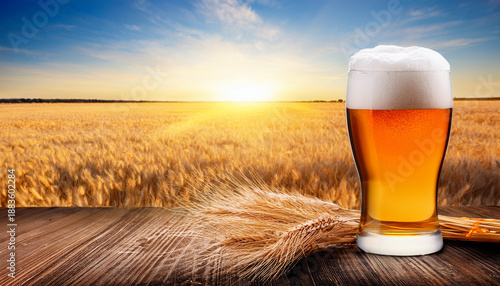 Glass Of Fresh Amber Beer On Wheat Ears Field