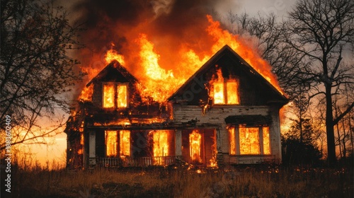 House on fire during sunset with bright flames and smoke rising into the sky