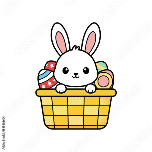 Cute Easter Bunny Peeking from a Basket of Colorful Eggs