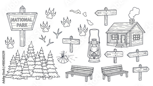 Outlined national park elements wooden sign cabin trees and signposts