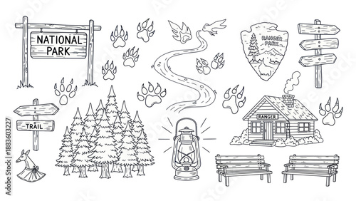 Outlined national park elements signs trees trail and footprints vector set