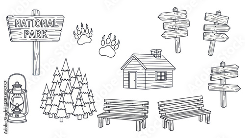 Outlined national park elements wooden signs cabin trees benches lantern