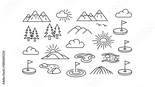 Outlined nature and sport elements collection on white background