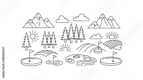 Outlined nature elements and golf course illustrations for design projects