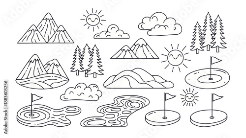 Outlined nature elements illustration mountains trees clouds golf sun