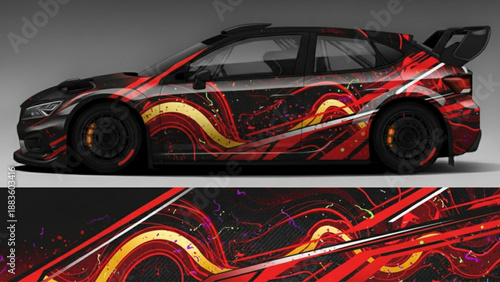 Vibrant red and gold abstract graphic design on a modern rally car, showcasing dynamic automotive art.