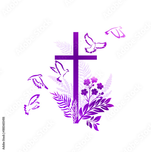 Religious violet cross with flowers and birds. Happy Easter. Hand drawn. Not AI, vector illustration
