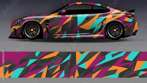 High-performance sports car featuring a vibrant, abstract geometric camouflage vinyl wrap design in orange, teal, and magenta colors.