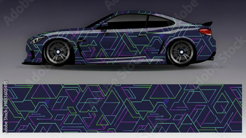 Dark blue sports car with a vibrant geometric line pattern wrap in green and purple, displayed with the full design strip.