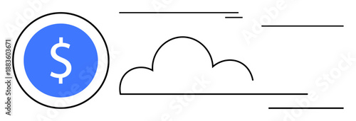 Blue coin with dollar sign moving swiftly next to minimal cloud and dynamic lines. Ideal for finance, cloud computing, efficiency, technology, innovation, remote work, global connection. Simple flat