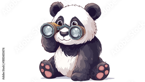 Adorable Panda Holding Binoculars Vector with Outline Isolated on White Background