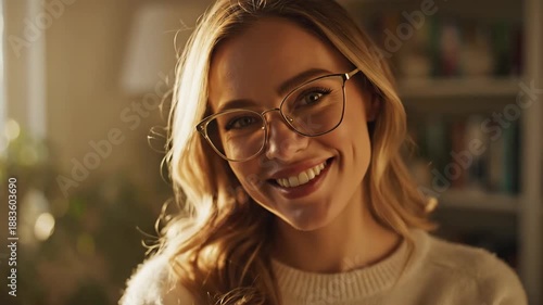 Woman wearing eyeglasses smiling indoors in soft lighting