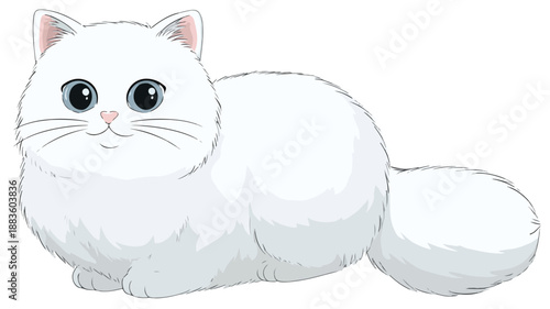 Adorable Cartoon White Cat with Outline, Isolated on White Background