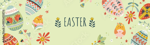 Horizontal Easter folk banner with hand drawn chicks, decorated eggs, floral ornaments. Festive design for spring celebration. Cute vector illustration for seasonal advertising, festive promotions