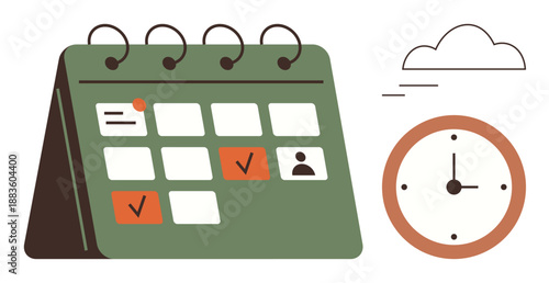 Time management, scheduling, organization, planning, productivity, deadlines. A desk calendar with marked dates and a clock icon. Time management and scheduling concept