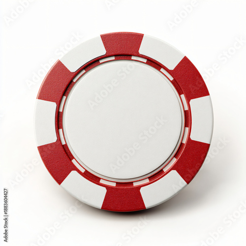 Red and white casino poker chip on a white background
