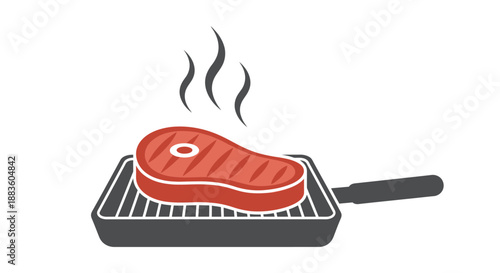 a red steak sizzling on a grill pan emitting steam and showcasing a delicious cooking process