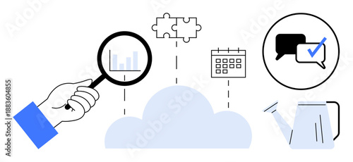 Hand with magnifying glass over graph, puzzle piece, calendar, cloud, chat bubbles, and watering can. Ideal for data analysis, growth, collaboration planning integration teamwork innovation