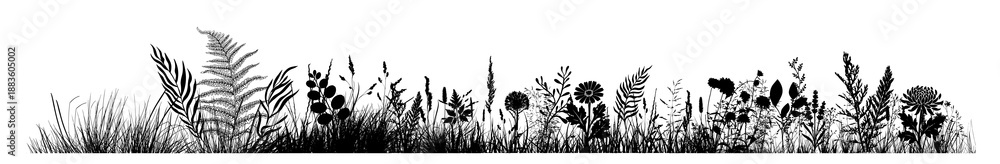 Fototapeta premium Silhouette of grass horizon. Border, meadow springtime, Hand drawn. Not AI, vector illustration