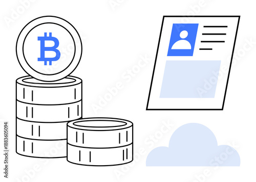 Bitcoin concept. Bitcoin featured alongside digital ID and cloud symbol portrays cryptocurrency and secure identity storage. Bitcoin as decentralized currency. For fintech, security, identity