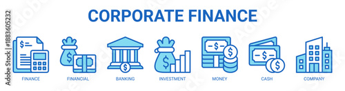 Corporate Finance web banner icon vector illustration concept with icon of finance, financial, banking, investment, money, cash, company.