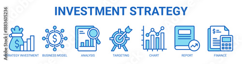 Investment Strategy web banner icon vector illustration concept with icon of investment, business model, analysis, targeting, chart, report, finance.