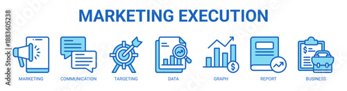 Marketing Execution web banner icon vector illustration concept with icon of marketing, communication, targeting, data, graph, report, business.