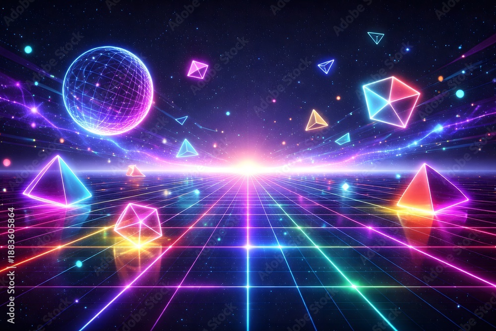 Fototapeta premium Retro futuristic neon grid with geometric shapes and disco ball