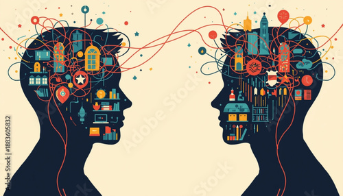 Two human silhouettes with creative colorful thoughts and ideas in their minds, symbolizing communication and innovation mental health