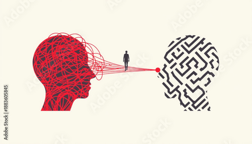 A person standing at the entrance of a maze coming out of a red brain with tangled lines representing a complex thought process mental health