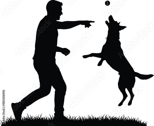 a silhouette of a man playing fetch with his dog in a grassy field